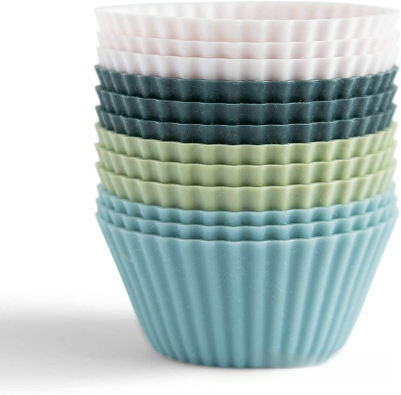 The Silicone Kitchen Reusable Silicone Baking Cup Silicone Muffin Liners for Cupcakes, BPA Free, Regular, 12 Pack, White Blue Green - Image 1