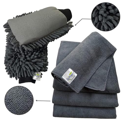 SOFTSPUN Microfiber Chenille & Single-Side Gloves 1700 GSM with Towel 340 GSM, 4 Piece Combo Grey, Multi-Purpose Super Absorbent and Perfect Wash Clean with Lint-Scratch Free Car, Dusting! - Image 2