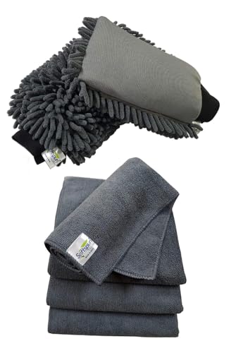 SOFTSPUN Microfiber Chenille & Single-Side Gloves 1700 GSM with Towel 340 GSM, 4 Piece Combo Grey, Multi-Purpose Super Absorbent and Perfect Wash Clean with Lint-Scratch Free Car, Dusting! - Image 1