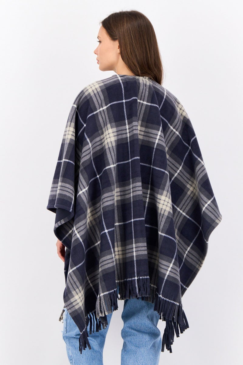 London Fog Women Plaid Ruana Poncho, Navy  - Image 4
