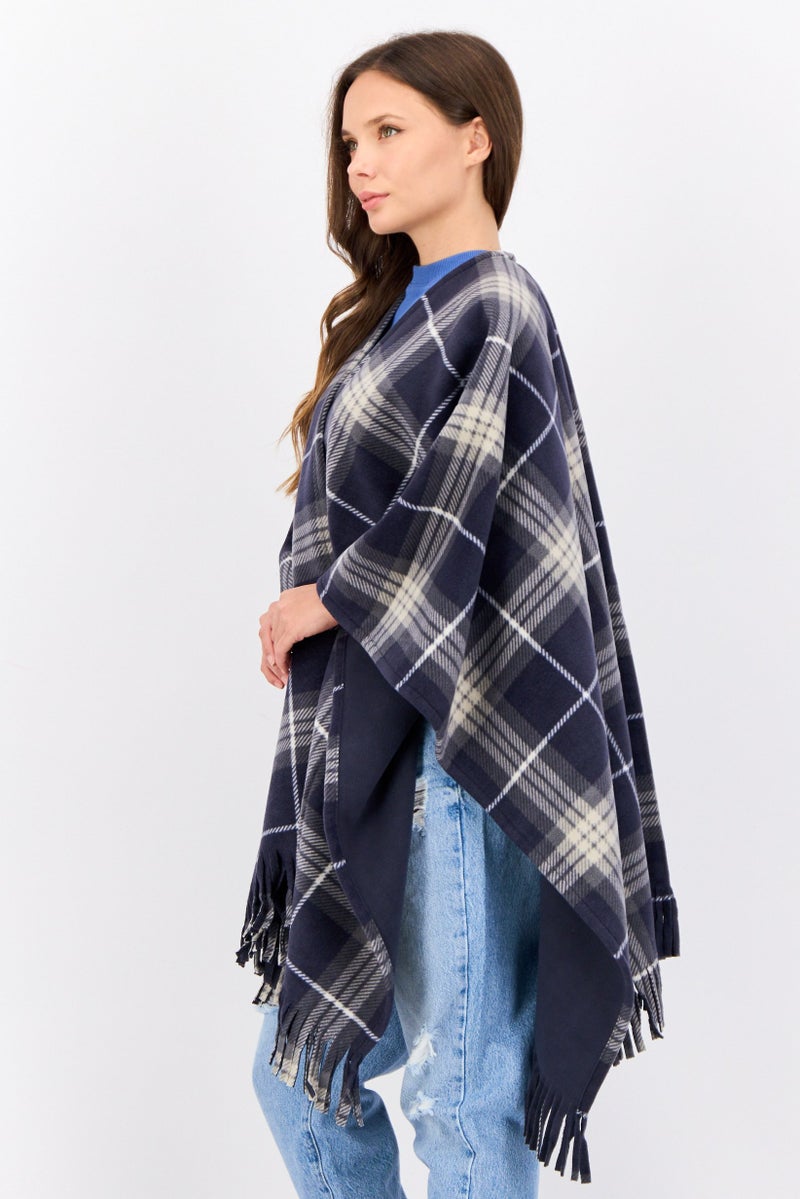 London Fog Women Plaid Ruana Poncho, Navy  - Image 3