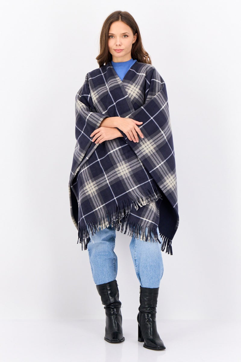 London Fog Women Plaid Ruana Poncho, Navy  - Image 2