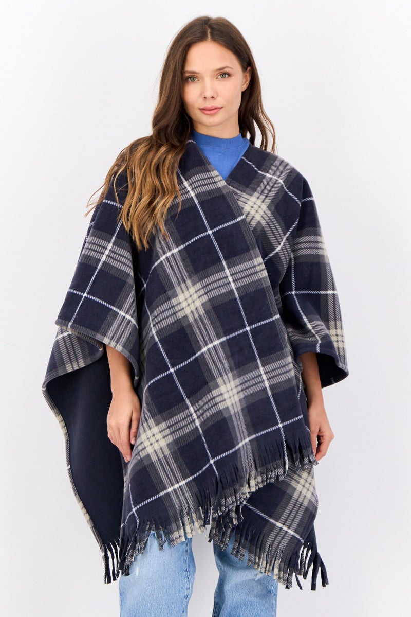 London Fog Women Plaid Ruana Poncho, Navy  - Image 1