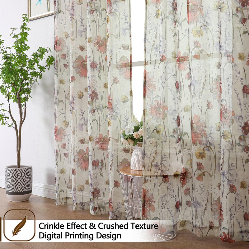 OWENIE Printed Sheer Curtians 54 Inches Long for Kitchen Set of 2 Panels, Dual Rod Pocket Window Living Room Curtains with Floral, Farmhouse Light Filtering Short Curtains for Small Window, 42"x54" - Image 5