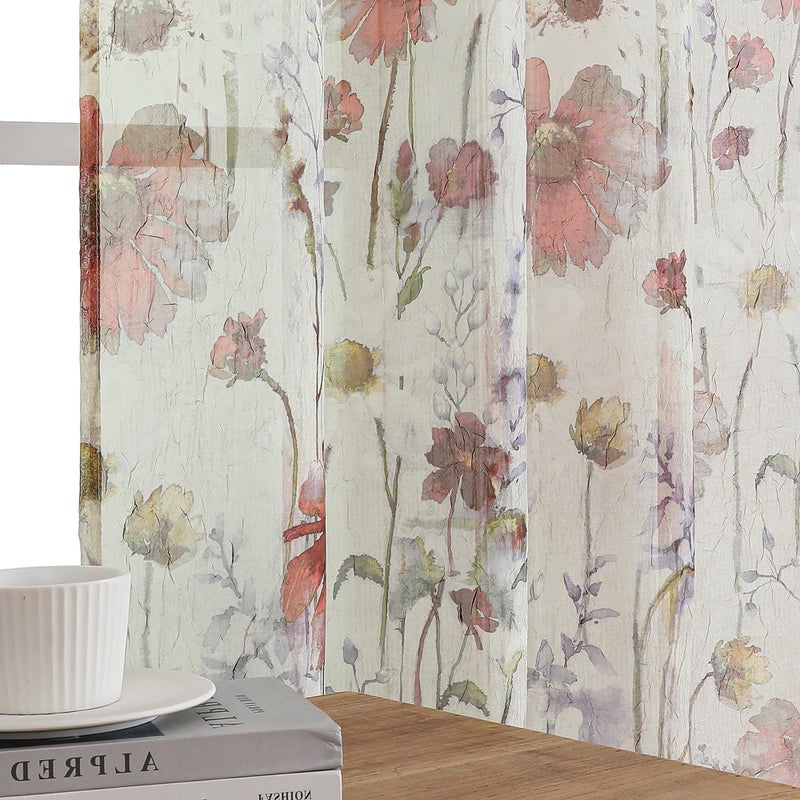 OWENIE Printed Sheer Curtians 54 Inches Long for Kitchen Set of 2 Panels, Dual Rod Pocket Window Living Room Curtains with Floral, Farmhouse Light Filtering Short Curtains for Small Window, 42"x54" - Image 2