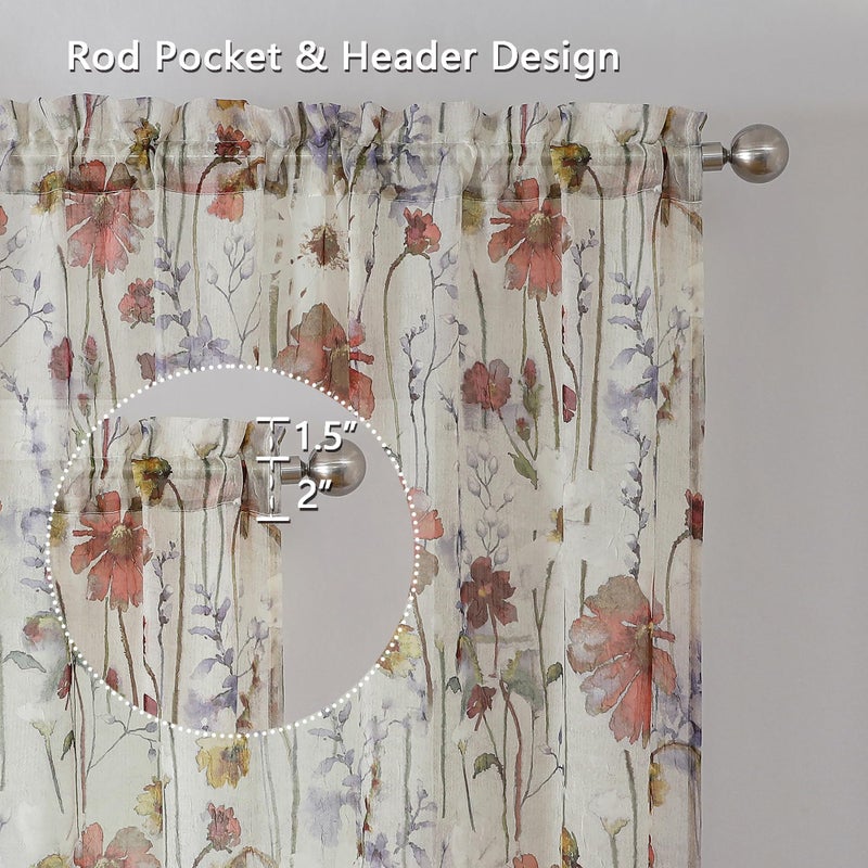 OWENIE Printed Sheer Curtians 54 Inches Long for Kitchen Set of 2 Panels, Dual Rod Pocket Window Living Room Curtains with Floral, Farmhouse Light Filtering Short Curtains for Small Window, 42"x54" - Image 3