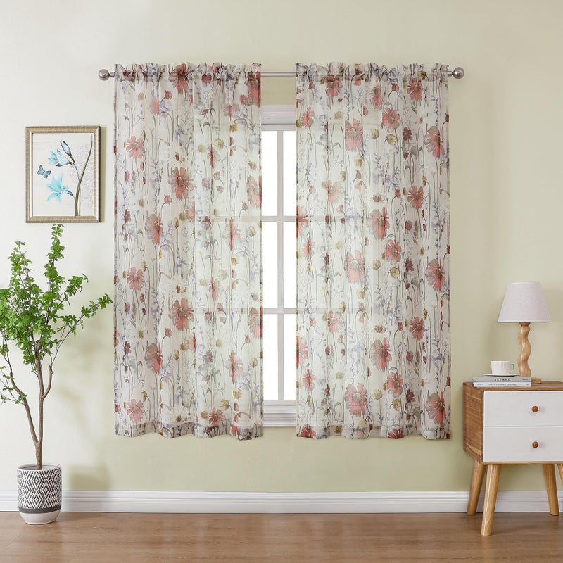 OWENIE Printed Sheer Curtians 54 Inches Long for Kitchen Set of 2 Panels, Dual Rod Pocket Window Living Room Curtains with Floral, Farmhouse Light Filtering Short Curtains for Small Window, 42"x54" - Image 1