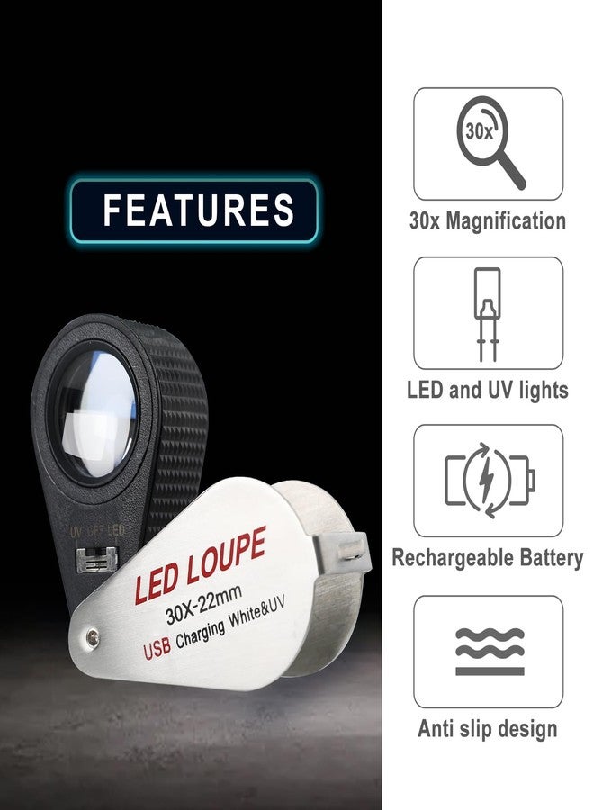 DANOPLUS 30X Jewelers Loupe Rechargeable Mgnifier with LED&UV Light, Loupe Foldable 22mm Glass Lens Jewelry Loop Magnifier, Illuminated Jewelers Loop for Gems, Stamps,Coins,Watches - Image 2