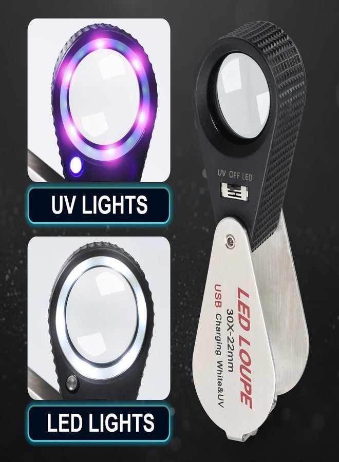 DANOPLUS 30X Jewelers Loupe Rechargeable Mgnifier with LED&UV Light, Loupe Foldable 22mm Glass Lens Jewelry Loop Magnifier, Illuminated Jewelers Loop for Gems, Stamps,Coins,Watches - Image 3