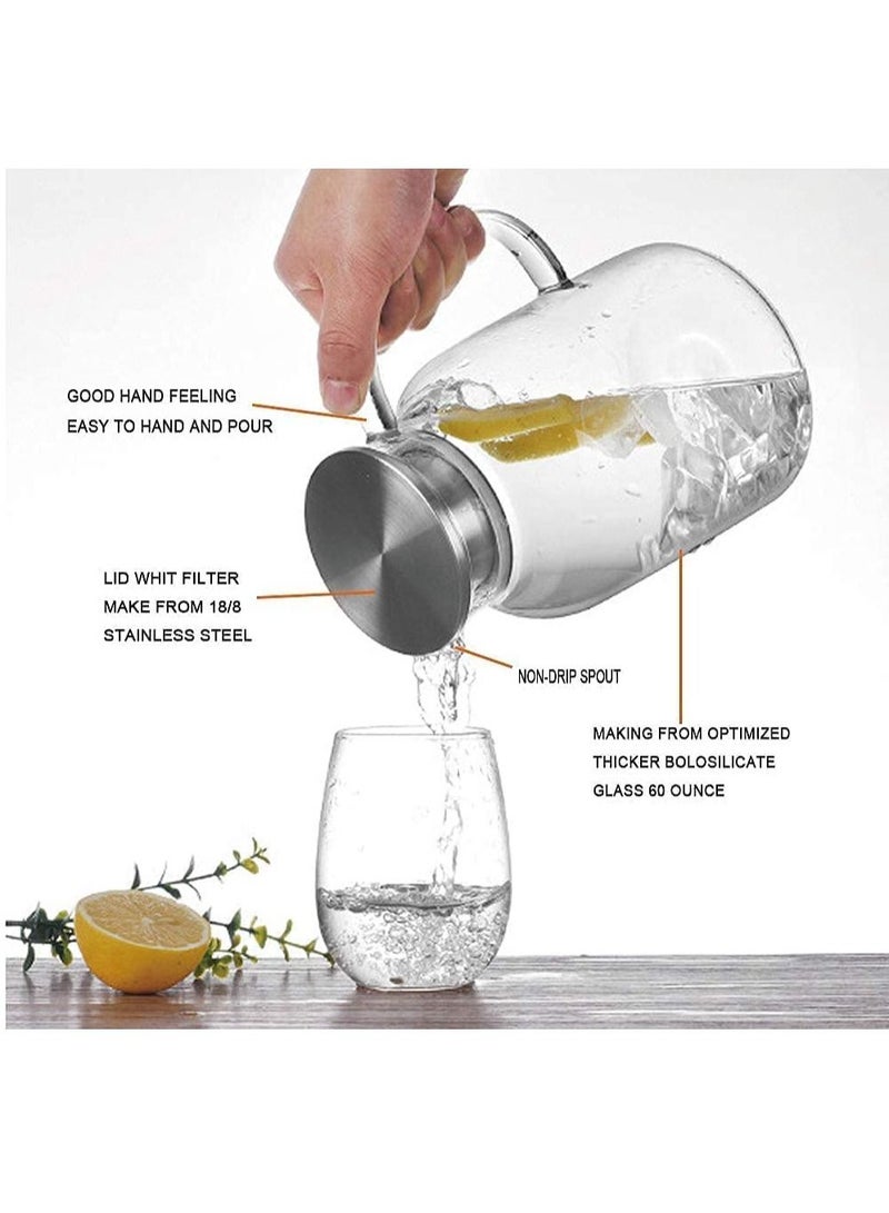 ليدين Glass Pitcher,1800ml Water Pitcher with Lid and Precise Scale Line,Stainless Steel Iced Tea Pitcher,Easy Clean Heat Resistant Borosilicate Glass Jug for Juice,Milk,Cold or Hot Beverages  - Image 5