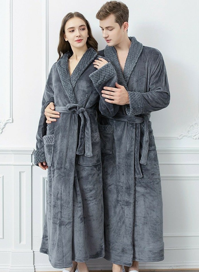 Loquat Unisex Winter Long Thick Nightgown Coral Fleece Bathrobe Pajamas Grey - Image 3