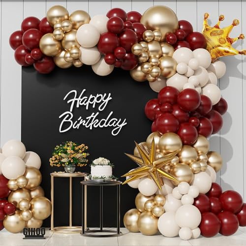 GIHOO Burgundy Balloon Arch Garland Kit 148pcs Boho White Sand Burgundy and Gold Chrome Latex balloons with Crown Mylar Balloon for Wedding Bridal Shower Birthday Wine Graduation Party Decoration - Image 1