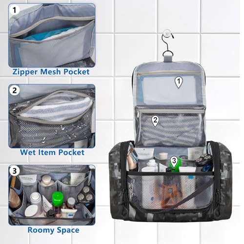Prokva Hanging Toiletry Bag for Men, Tactical Dopp Kit Toiletry Travel Bag, Large Hygiene Organizer Shower Bag for Camping Outdoor, Black Digital - Image 2