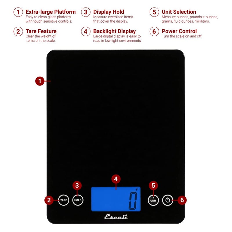 Escali 2210IB ArtiXL Extra-Large Glass Digital LCD Display Kitchen Scale, Measures Liquid and Dry Ingredients, Tare Function, 22lb Capacity, Black - Image 2