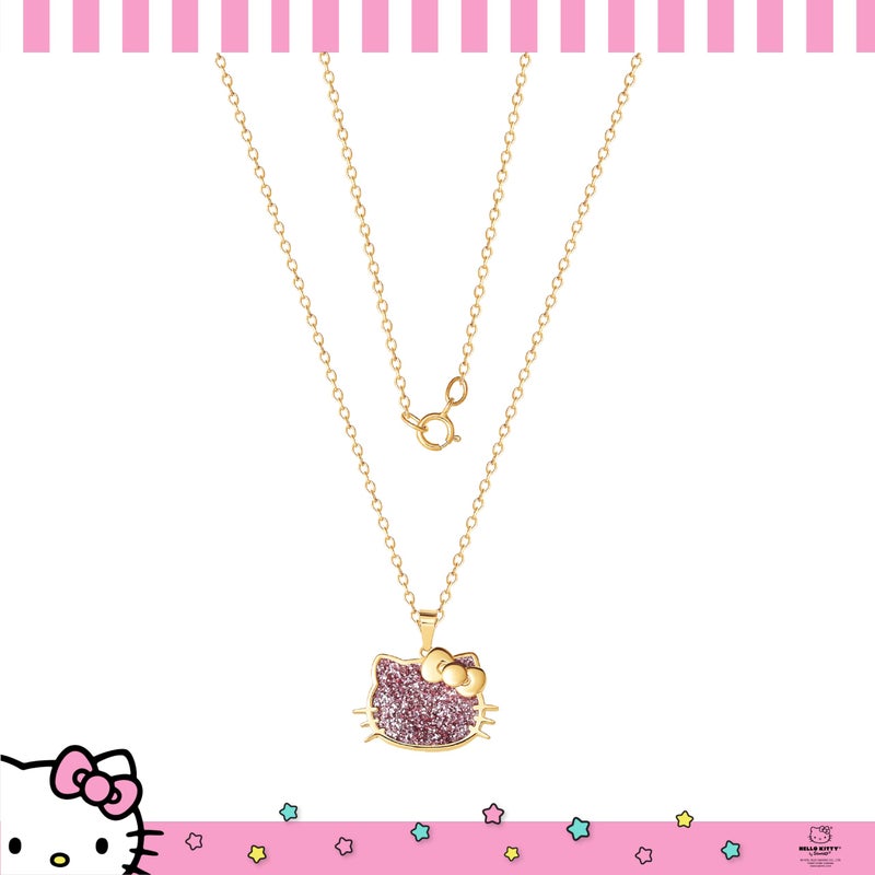 Hello Kitty Sanrio Womens Pink Glitter Necklace 18" - 18kt Gold Flash Plated Sterling Silver Necklace Official License - Image 3
