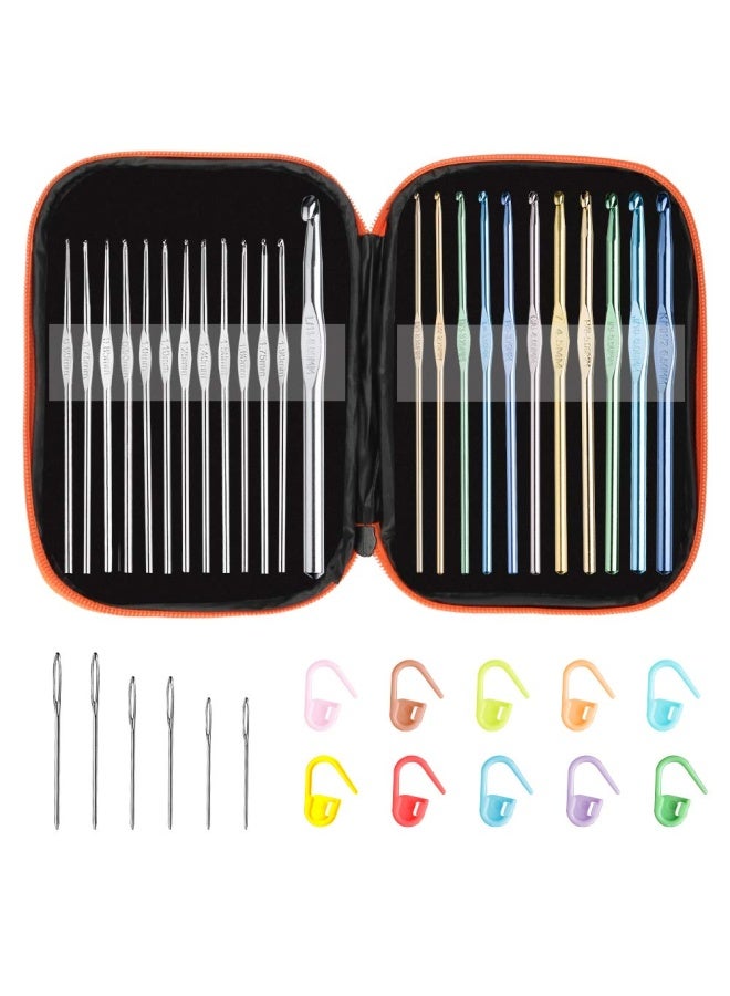 Tomorotec Gulfdealz Multi-Color Metallic Crochet Hooks Set Art Aluminum Knitting Needles For Yarn Craft Set With Stylish Storage Bag Stitch Markers And Big Eye Needles 12 Pieces - Multicolored - Image 1