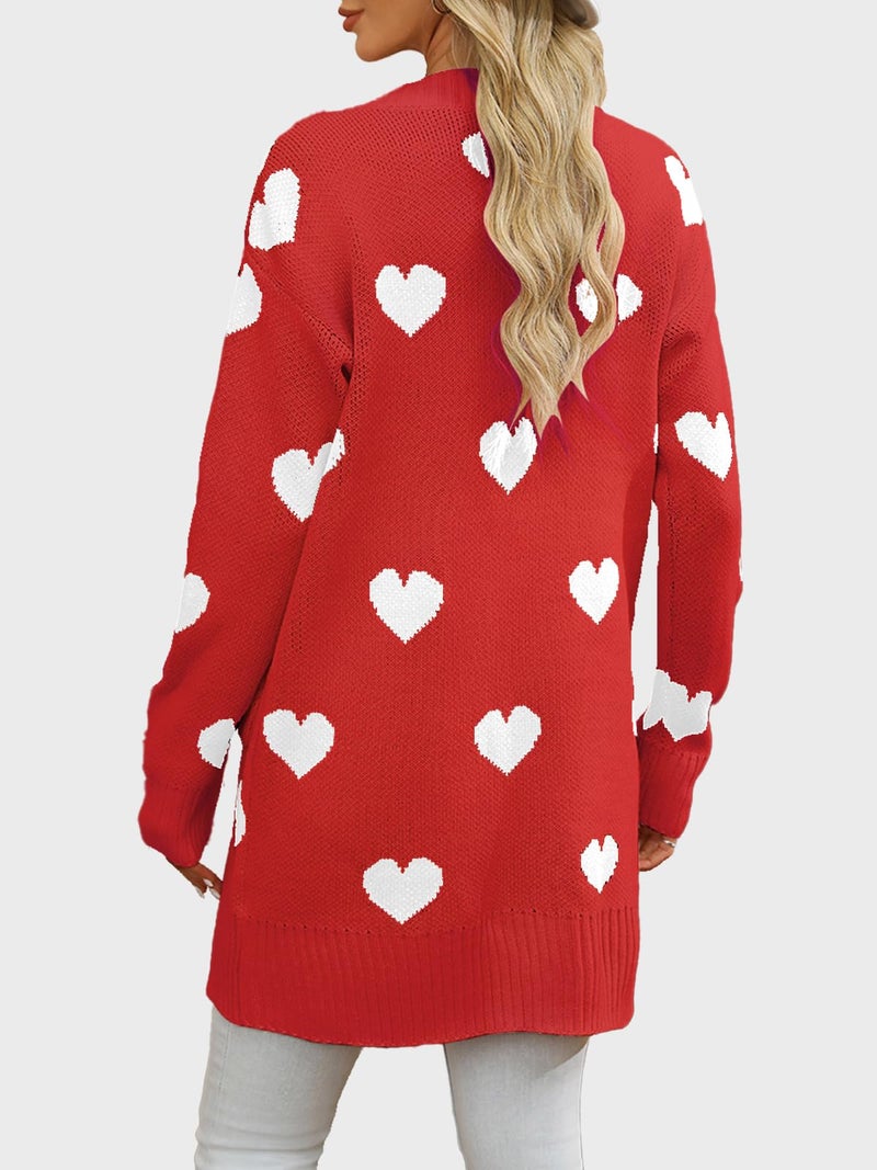 HOULENGS Women's Cute Heart Long Cardigan Sweaters V Neck Ribbed Knit Open Front Sweater Coats with Pockets Red Medium - Image 2