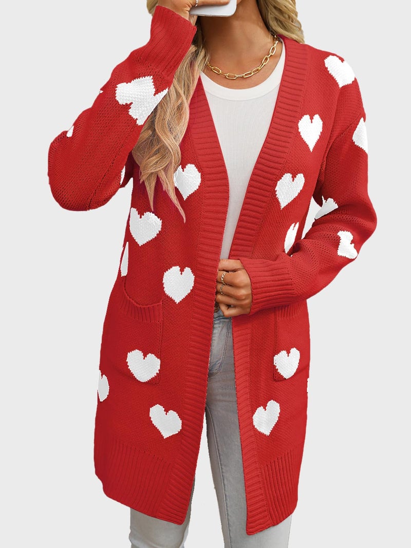 HOULENGS Women's Cute Heart Long Cardigan Sweaters V Neck Ribbed Knit Open Front Sweater Coats with Pockets Red Medium - Image 5