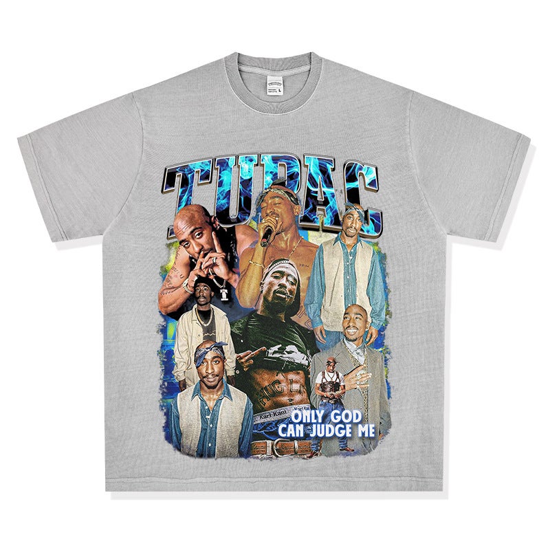 Retro hip hop rap tupac printed Street short sleeve washed distressed trendy brand T-shirt loose men's base shirt - Image 1