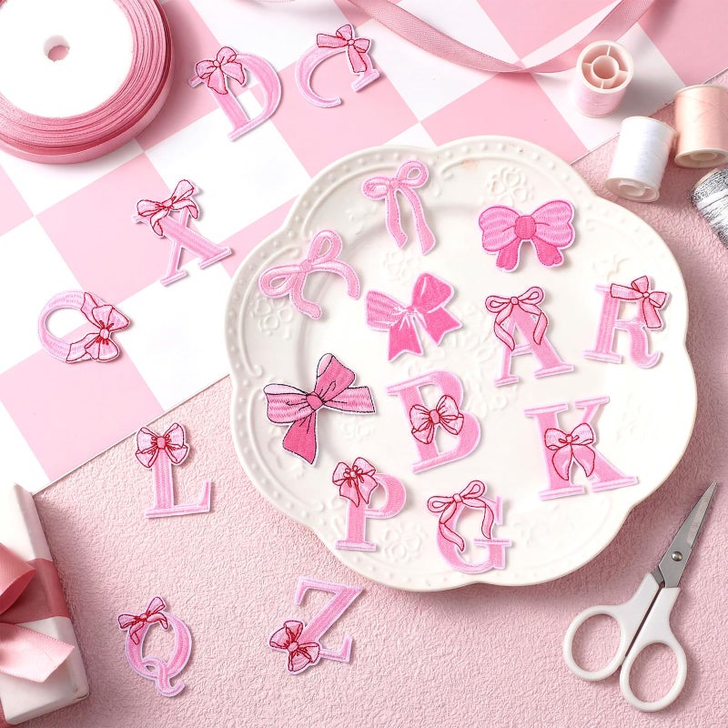 FineCheer 82 Pcs Pink Bow Letter Iron on Patches Set Cartoon Alphabet a to Z Numbers Pink Bow Heat Transfer Letter Valentines Embroidery Cute Iron on Patches for Clothing Hat Backpacks Jackets Decor DIY Fabric - Image 3