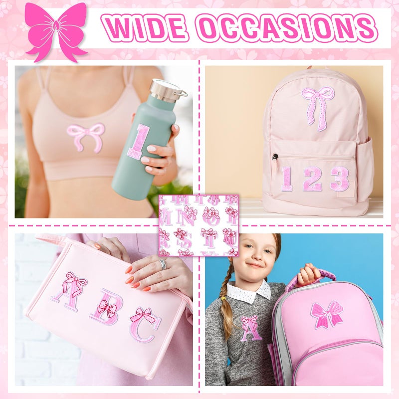 FineCheer 82 Pcs Pink Bow Letter Iron on Patches Set Cartoon Alphabet a to Z Numbers Pink Bow Heat Transfer Letter Valentines Embroidery Cute Iron on Patches for Clothing Hat Backpacks Jackets Decor DIY Fabric - Image 5
