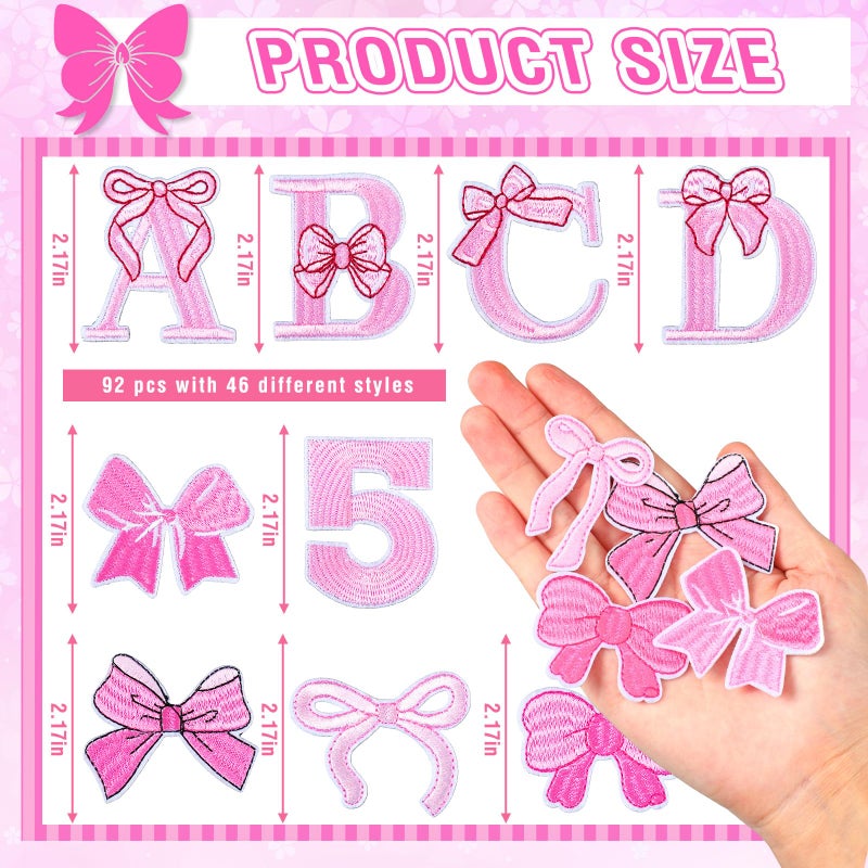 FineCheer 82 Pcs Pink Bow Letter Iron on Patches Set Cartoon Alphabet a to Z Numbers Pink Bow Heat Transfer Letter Valentines Embroidery Cute Iron on Patches for Clothing Hat Backpacks Jackets Decor DIY Fabric - Image 2