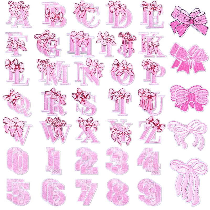 FineCheer 82 Pcs Pink Bow Letter Iron on Patches Set Cartoon Alphabet a to Z Numbers Pink Bow Heat Transfer Letter Valentines Embroidery Cute Iron on Patches for Clothing Hat Backpacks Jackets Decor DIY Fabric - Image 1