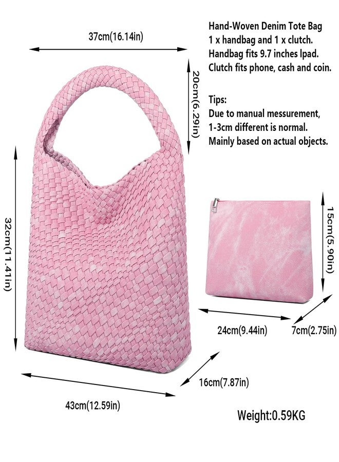 Queenoris Fashion Woven Purse for Women Top-handle Shoulder Bag Soft Summer Hobo Tote Bag (Denim Pink) - Image 3