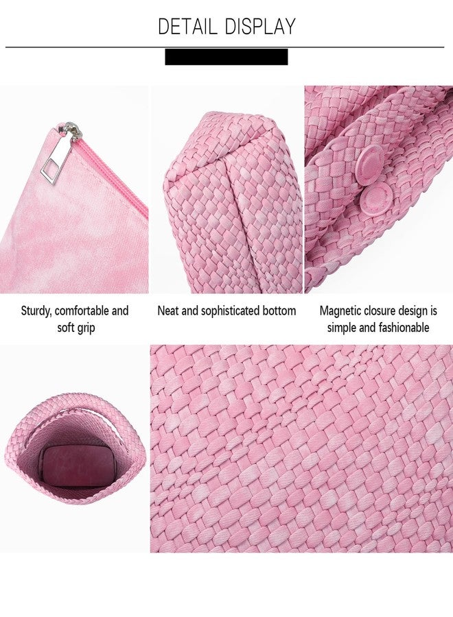 Queenoris Fashion Woven Purse for Women Top-handle Shoulder Bag Soft Summer Hobo Tote Bag (Denim Pink) - Image 5
