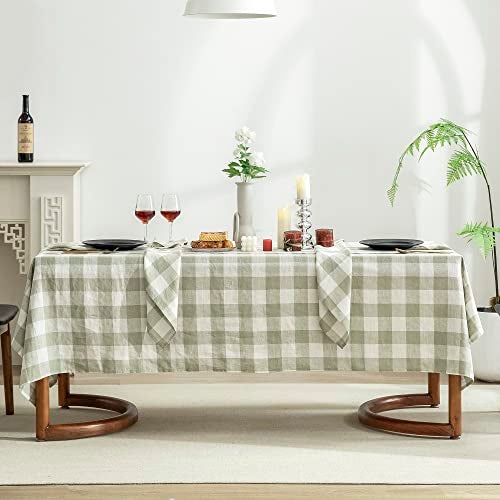 EVERLY 100% Yarn-Dyed Linen Rectangle Tablecloths 60x108Inches for Dining,Buffet Parties,Picnic,Events and Restaurants,Decorative Halloween,Thanksgiving Machine Washable Tablecloths-Sage Green Plaid - Image 1