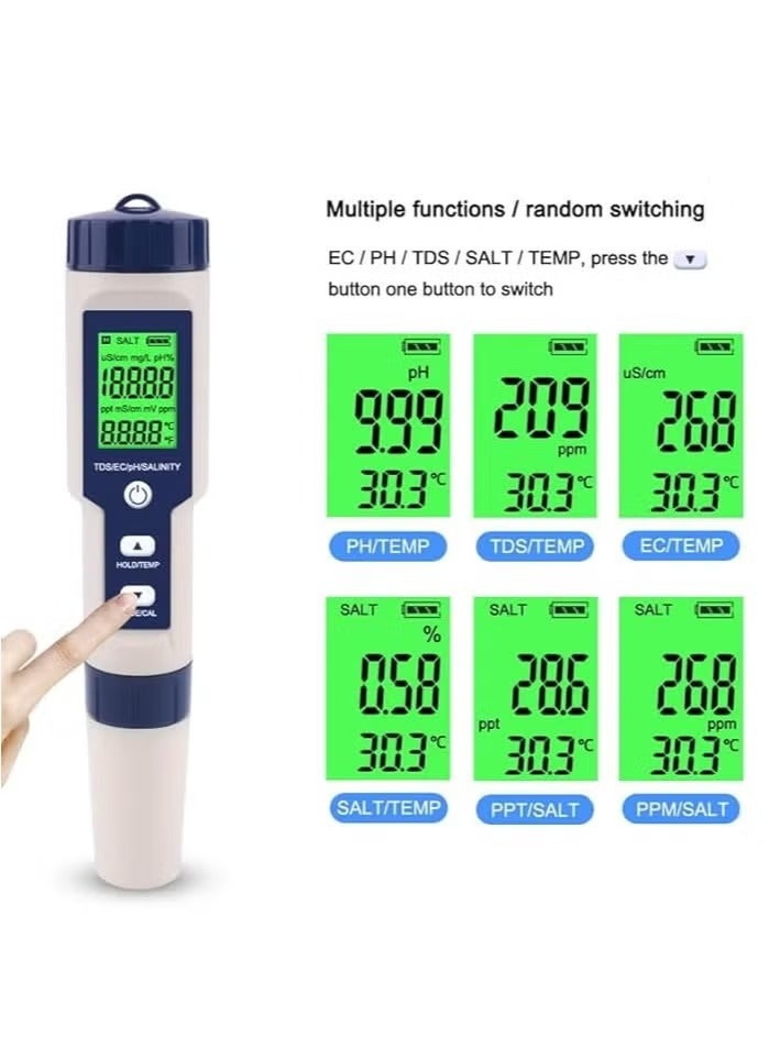 Red Leaf 5 in 1 PH Meter,PH/TDS/EC/Salinity/Temp Meter for Water, High Accuracy Water Testing Kits for Drinking Water, Pools, Fish Tank, and Hydroponics,with 3 PH Buffer Powders - Image 5