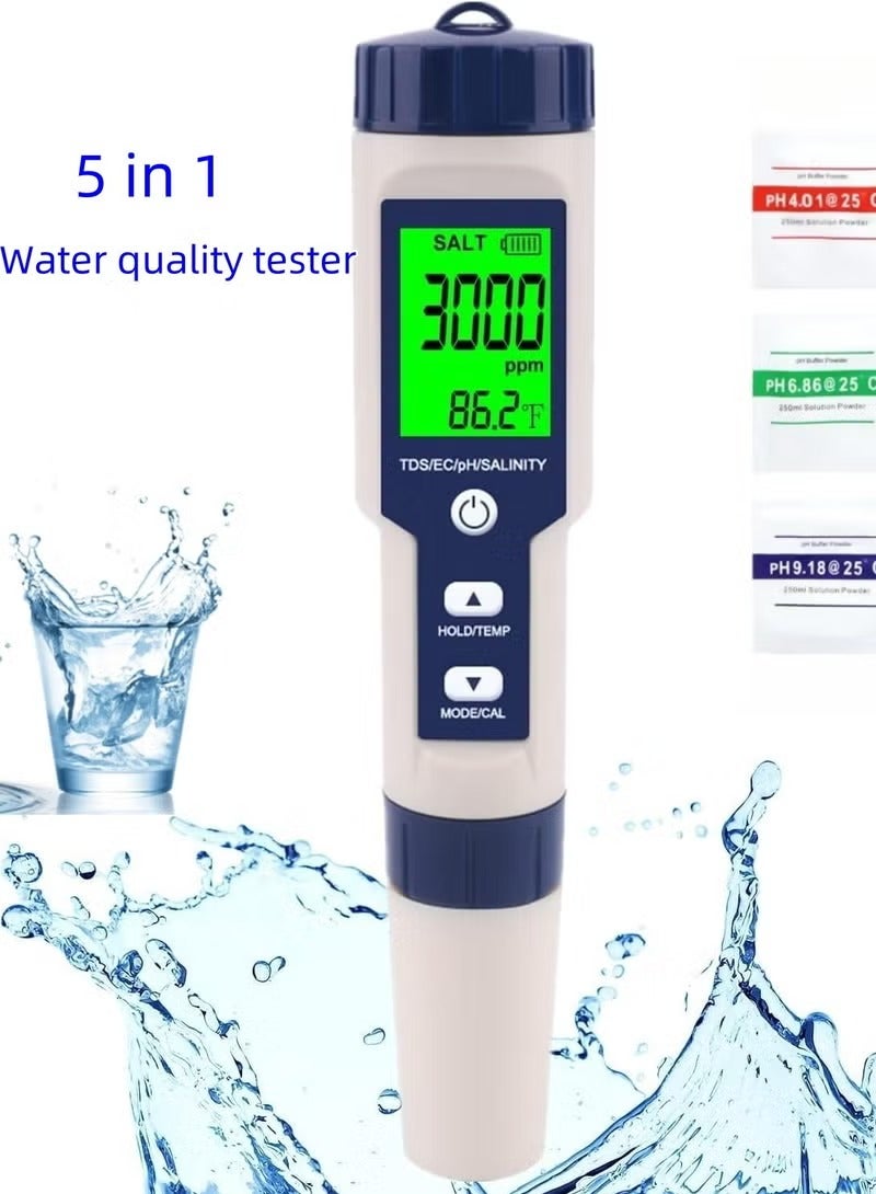 Red Leaf 5 in 1 PH Meter,PH/TDS/EC/Salinity/Temp Meter for Water, High Accuracy Water Testing Kits for Drinking Water, Pools, Fish Tank, and Hydroponics,with 3 PH Buffer Powders - Image 1