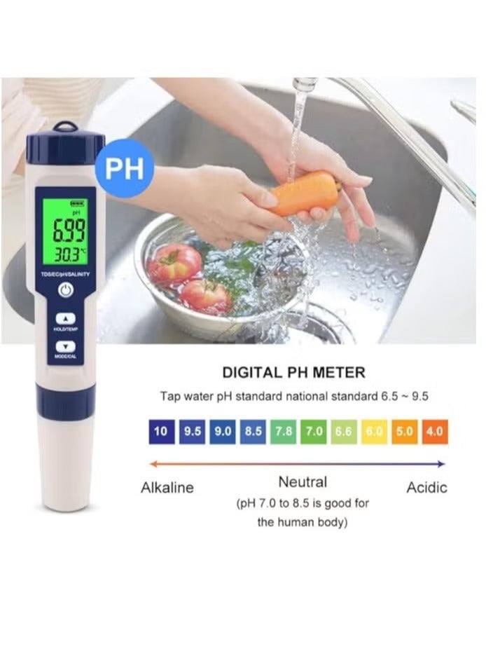 Red Leaf 5 in 1 PH Meter,PH/TDS/EC/Salinity/Temp Meter for Water, High Accuracy Water Testing Kits for Drinking Water, Pools, Fish Tank, and Hydroponics,with 3 PH Buffer Powders - Image 2