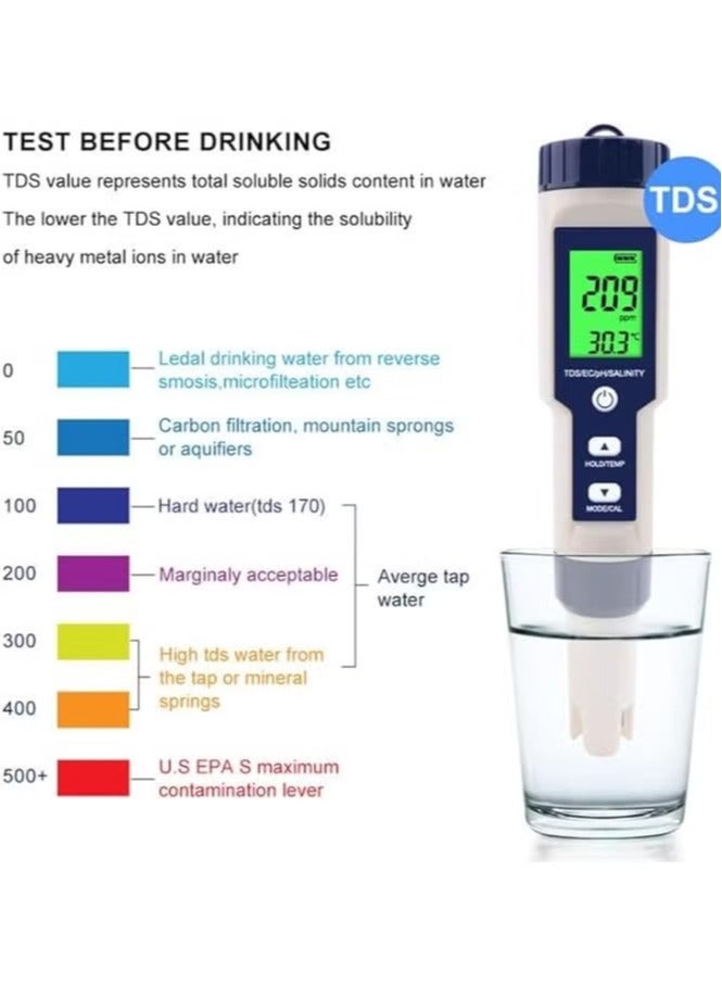Red Leaf 5 in 1 PH Meter,PH/TDS/EC/Salinity/Temp Meter for Water, High Accuracy Water Testing Kits for Drinking Water, Pools, Fish Tank, and Hydroponics,with 3 PH Buffer Powders - Image 3