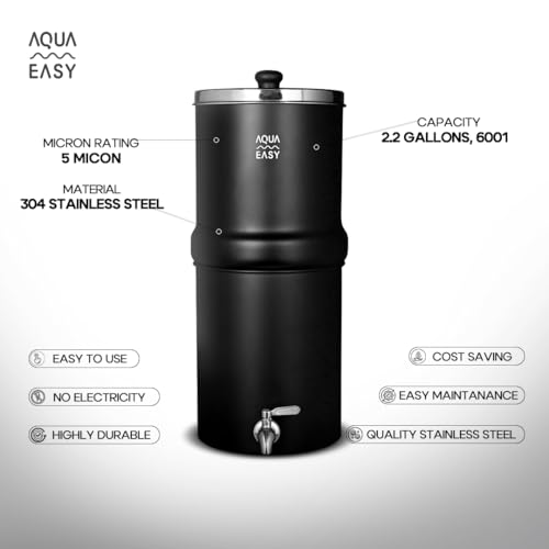 AQUA EASY AquaEasy NSF/ANSI 372 Certified Stainless Steel Gravity Water Filter System (2.25 Gallon) 2X Activated Carbon Filter, Stainless Steel Tap and Wooden Stand | Countertop Water Filtration System (Black) - Image 5