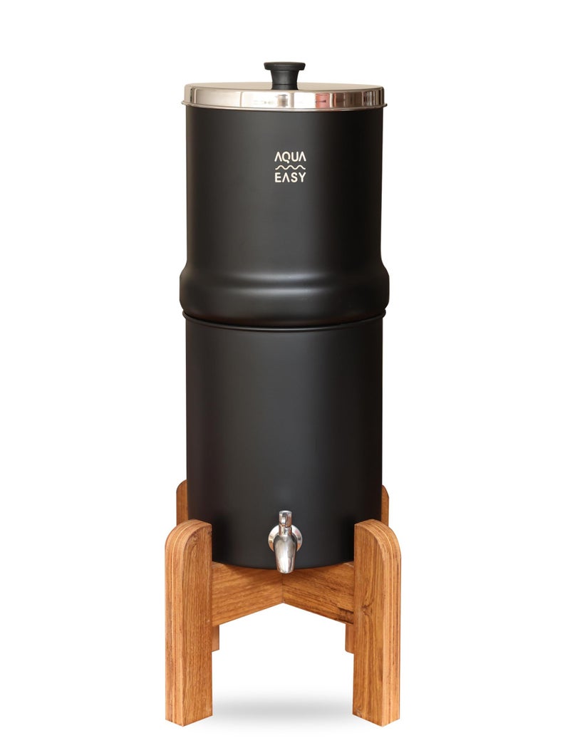 AQUA EASY AquaEasy NSF/ANSI 372 Certified Stainless Steel Gravity Water Filter System (2.25 Gallon) 2X Activated Carbon Filter, Stainless Steel Tap and Wooden Stand | Countertop Water Filtration System (Black) - Image 1