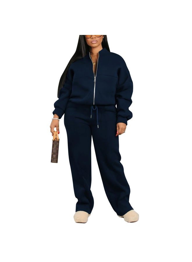 PINSV Women's 2 Piece Outfits Sweatsuits Full Zip Sweatshirts Wide Leg Sweatpant Set Tracksuit Navy Blue 2XL - Image 1