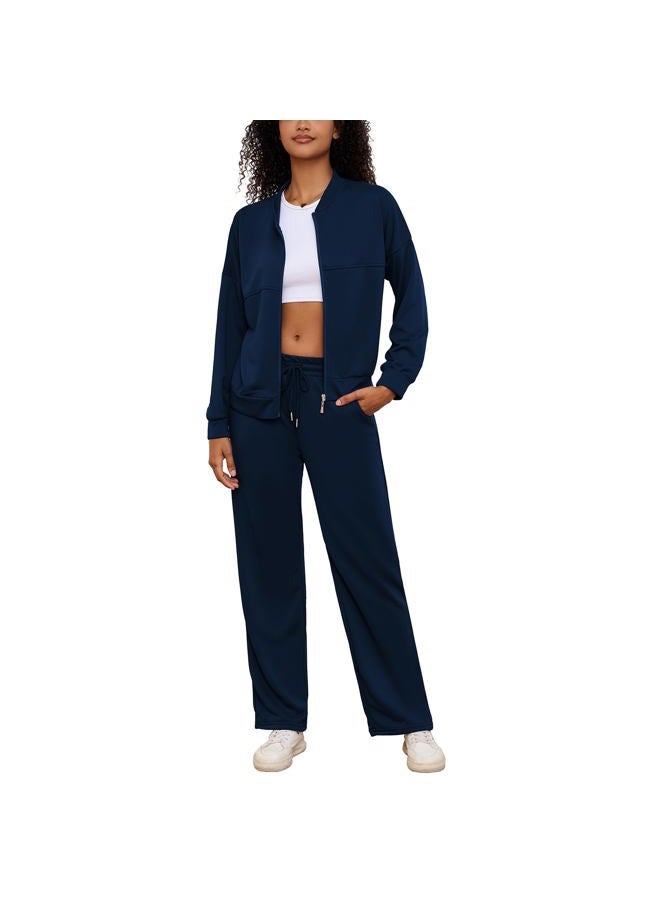 PINSV Women's 2 Piece Outfits Sweatsuits Full Zip Sweatshirts Wide Leg Sweatpant Set Tracksuit Navy Blue 2XL - Image 4