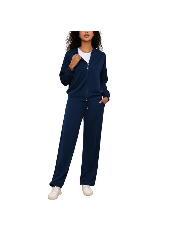 PINSV Women's 2 Piece Outfits Sweatsuits Full Zip Sweatshirts Wide Leg Sweatpant Set Tracksuit Navy Blue 2XL - Image 3