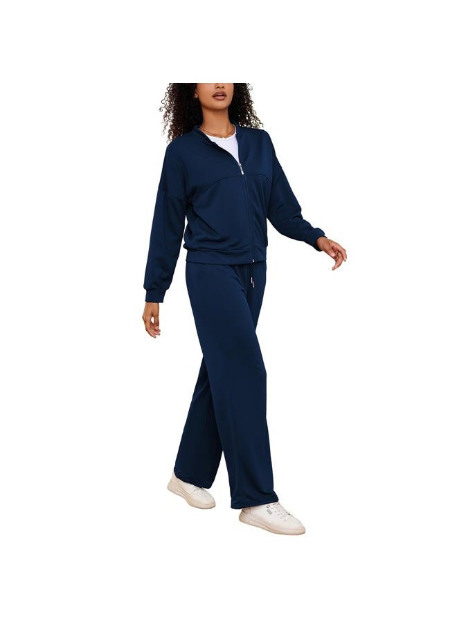 PINSV Women's 2 Piece Outfits Sweatsuits Full Zip Sweatshirts Wide Leg Sweatpant Set Tracksuit Navy Blue 2XL - Image 5