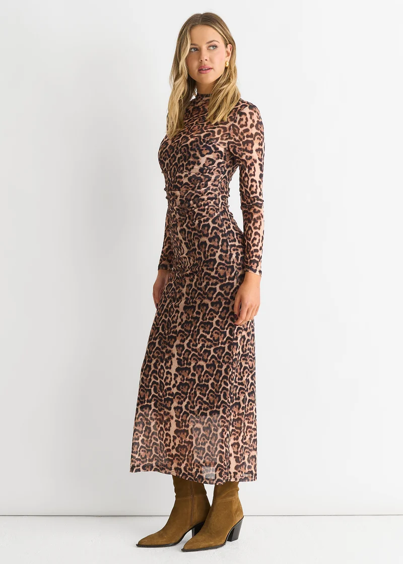 Gini London  Brown Mesh Animal Print Jersey Maxi Dress for Women | Best Price UAE