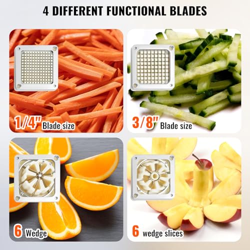 VEVOR قطاعة بطاطس مقلية تجارية من VEVOR مع 4 شفرات بديلة، شفرات 1/4" و 3/8"، قاطع سهل، شريحة 6 قطع و نواة تفاح 6 قطع، قاطع ليمون وبطاطس للبطاطس المقلية مع مقبض ممتد - Image 3