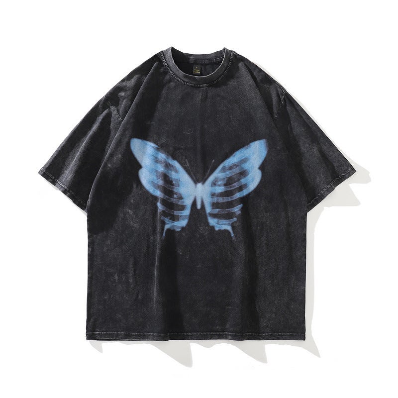 Tkpa American Style Vintage Antique Washed Butterfly Print Short Sleeve T-Shirt Unisex Loose High Street Hip Hop Street Half Sleeve - Image 3