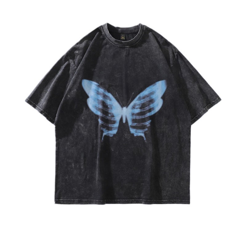 Tkpa American Style Vintage Antique Washed Butterfly Print Short Sleeve T-Shirt Unisex Loose High Street Hip Hop Street Half Sleeve - Image 2