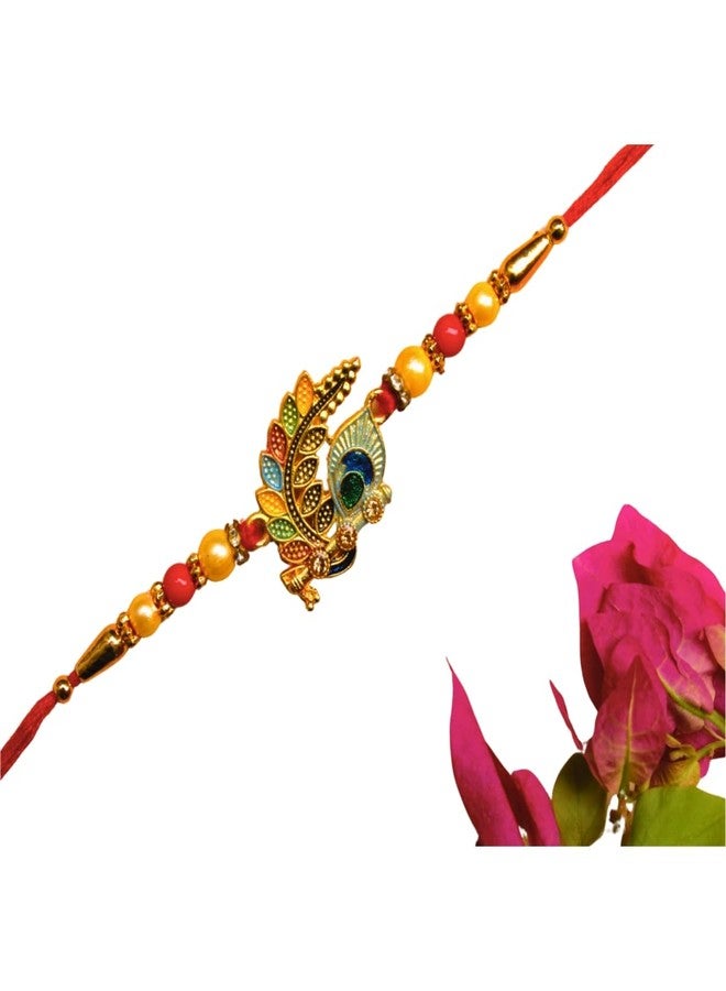 BANDHAN Traditional Peacock Design Rakhi for Raksha Handcrafted with Gold Plated Beads and Red Thread - Image 1
