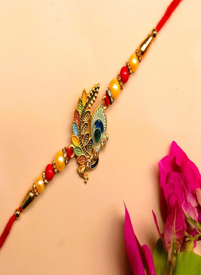 BANDHAN Traditional Peacock Design Rakhi for Raksha Handcrafted with Gold Plated Beads and Red Thread - Image 3