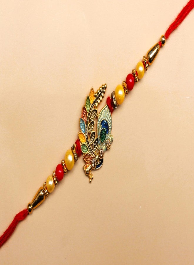 BANDHAN Traditional Peacock Design Rakhi for Raksha Handcrafted with Gold Plated Beads and Red Thread - Image 4