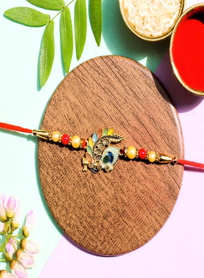 BANDHAN Traditional Peacock Design Rakhi for Raksha Handcrafted with Gold Plated Beads and Red Thread - Image 5