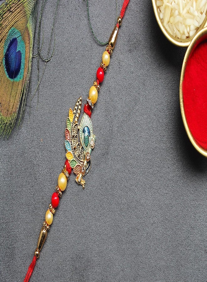 BANDHAN Traditional Peacock Design Rakhi for Raksha Handcrafted with Gold Plated Beads and Red Thread - Image 2