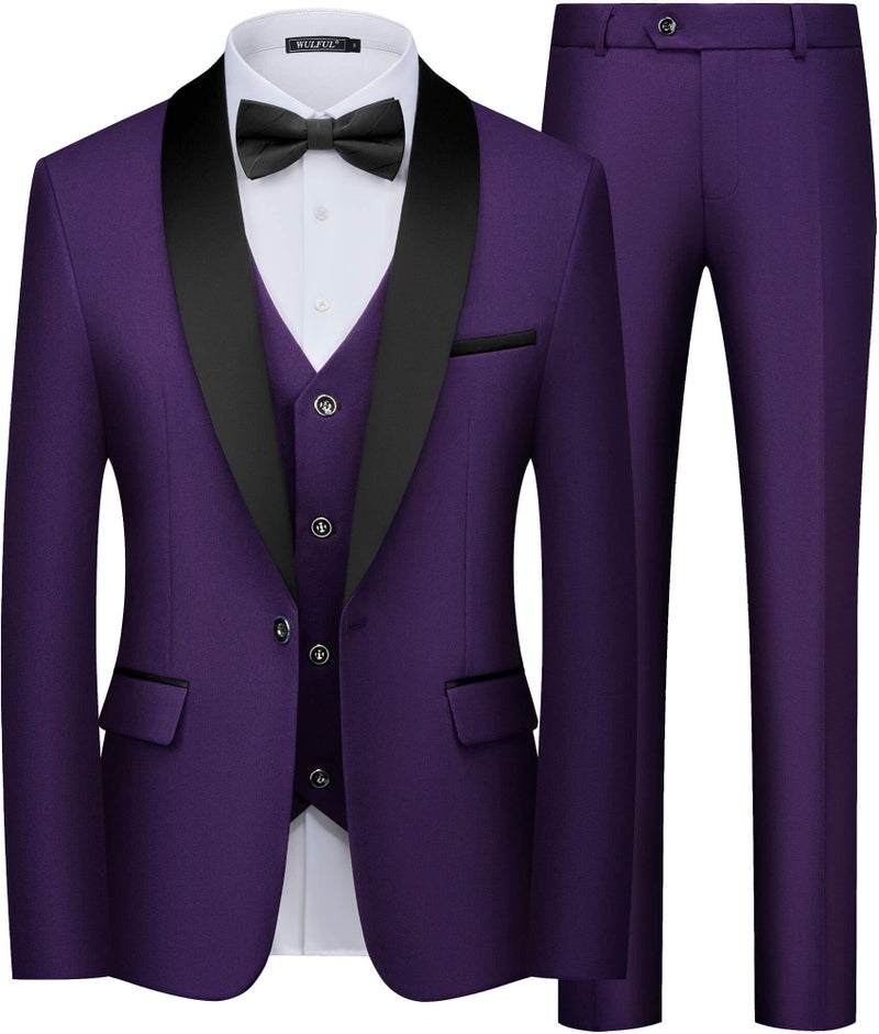 WULFUL Men's 3 Piece Suits Slim Fit Tuxedo Suit Set One Button Shawl Lapel Blazer Jacket Vest Pants Set for Prom, Business Purple - Image 1